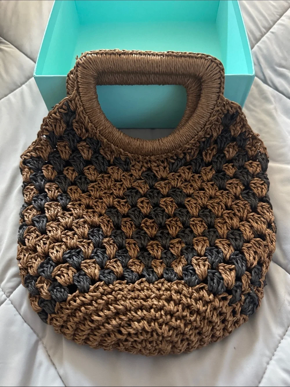 Woven Crochet Tote Bag in Brown and Black